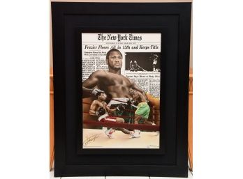 A New York Times Article Poster Of Joe Fraizer Beating Muhammed Ali Signed By Joe Frazier