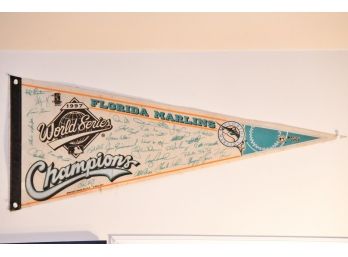 A Florida Marlins 1997 World Series Pennant With Team Signatures