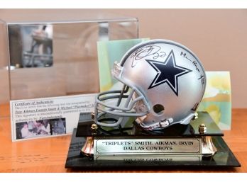 A Limited Addition Dallas Cowboys Riddle Mini Helmet Signed By Troy Aikman, Emmet Smith With COA