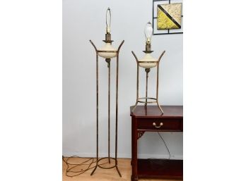 Pair Of Matching Floor And Side Beige And Bronze Lamps