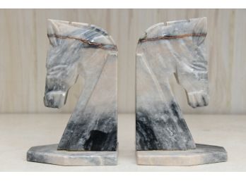 Pair Of Alabaster Horse Shaped Book Ends