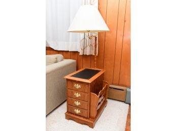 A Leather Banded Chairside Side Table Lamp Combo With Magazine Rack