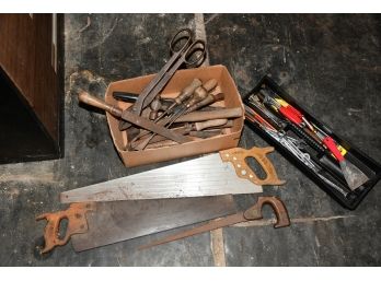 Box Of Vintage Tools Including Clippers And Files And Saws