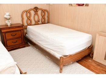 Twin Sized Bed With Carved Wheat Emblem Scrolled Headboard With Footboard And Rails -1
