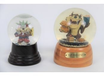 Pair Of 1994 TM & Warner Bros Tasmanian Devil Snow Globes Including 'Fast Food Junky'