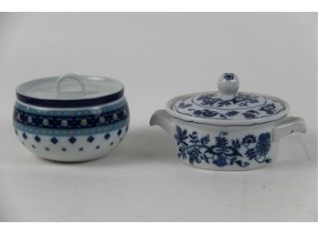 Blue & White Lidded Ceramic Boxes By Block With Blue Dunabe Dish