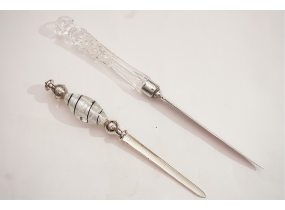 Pair Of Clear And Swirl Glass Handle Letter Openers