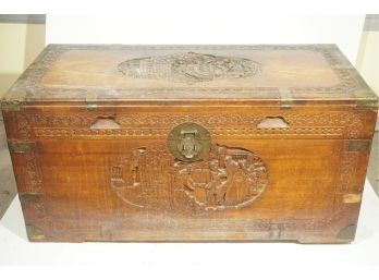 An Antique Hand Carved Chinese Chest With Brass Accents