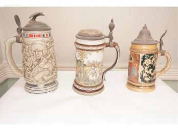 Trio Of Steins Including US Military Branches Motif