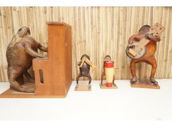 Group Of Hand Carved Wooden Frog Figurines Playing Instruments