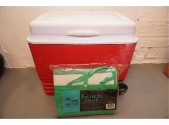 Beach Accessories Including Rubbermaid Cooler