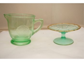 Pair Of Green Depression Glass Including Pitcher And Candy Dish
