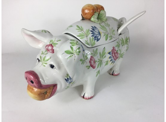 Intrada Majolica Extra Large Pig Soup Tureen With Ladle