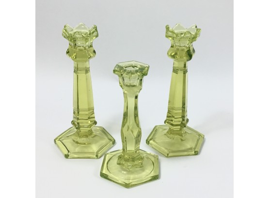 Trio Of Green Glass Candlesticks