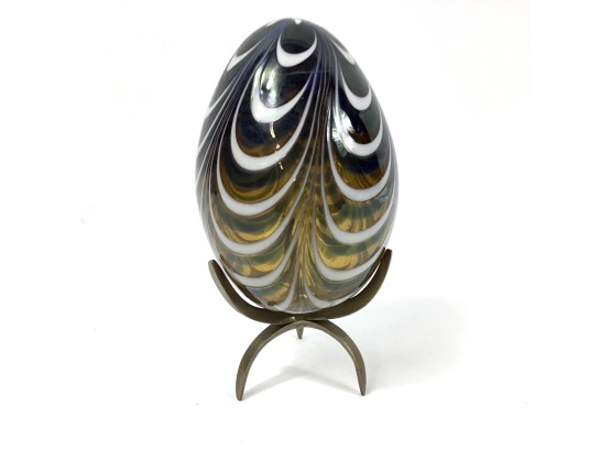 Painted Hollow Glass Egg With Brass Stand