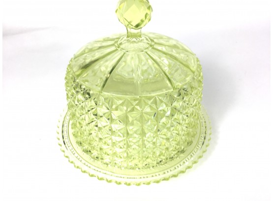 Three Green Vaseline Dishes With Dome Top