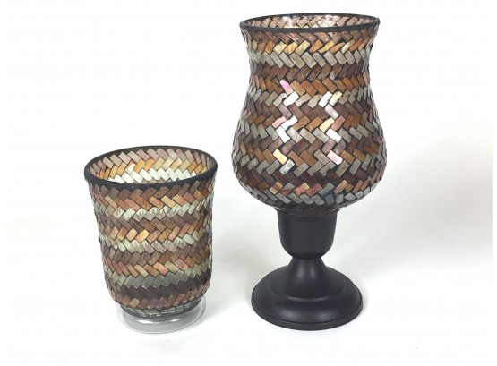 Pair Of Glass Candleholders Chevron Pattern