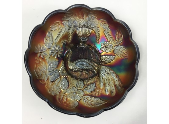 Vintage Northwood Peacock Bowl Dark Marigold Carnival Glass
