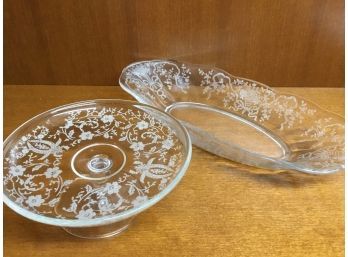 Vintage Etched Glass Olbong Dish & Pedestal Dish