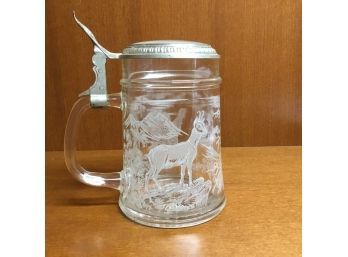 Vintage Etched Glass Beer Stein With Pewter