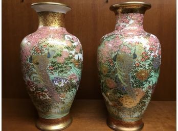 Pair Of Satsuma Asian Painted Vases Cloisonne Style
