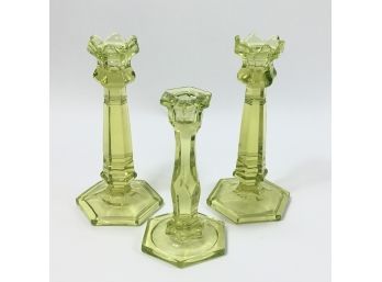 Trio Of Green Glass Candlesticks
