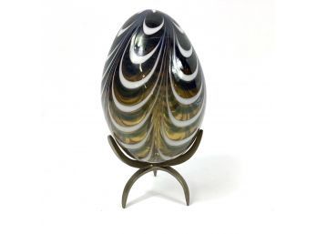 Painted Hollow Glass Egg With Brass Stand