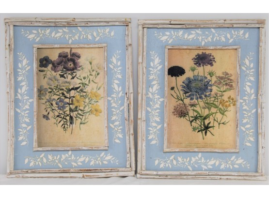 Pair Of Oil On Board Botanical Prints In Lovely Blue Floral Frames
