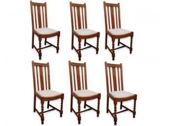6 Antique English Hand Carved Custom Upholstered Oak Chairs With Barley Twist Legs