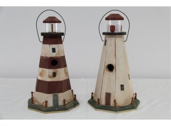 Pair Of Hand Painted Wooden Lighthouse Decor