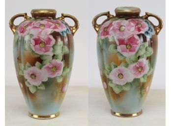 Pair Of Nippon Hand Painted Dual Handle Vases