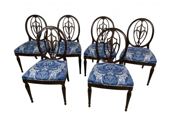 Set Of 6 Custom Upholstered Blue Floral Dining Chairs