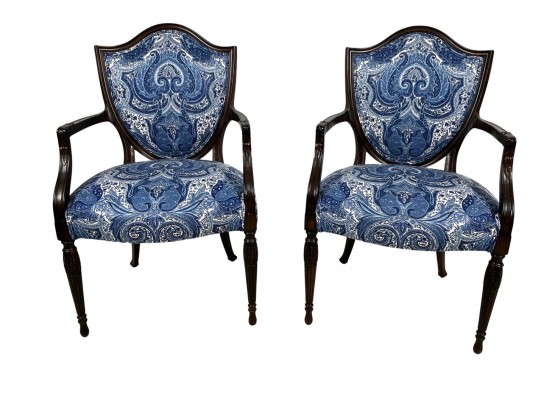 Pair Of Shield Back Custom Upholstered Blue Floral Arm Chairs