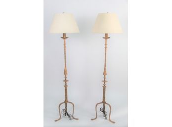 A Pair Of Early 1900s Gold Leaf  Floor Lamps With Custom Shades