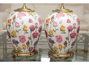 A Pair Of  Brass Base Painted Pottery Floral Lamps