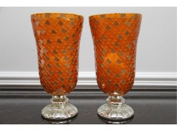 A Pair Of Burnt Orange Mosaic Glass Hurricanes With Candles