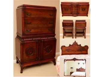 Early 20th Century Rosewood Bedroom Set - Headboard, Nightstands, Long Dresser, Highboy Dresser, Wall Mirror