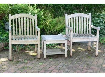 Pair Of ScanCom Outdoor Wooden Chairs And Matching Peter Andrews Side Table