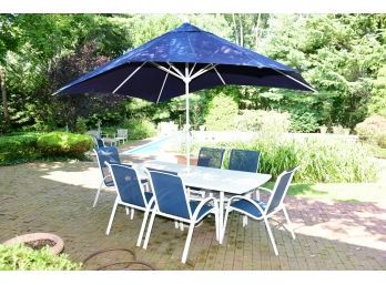 White Aluminum Dining Table, Chairs, And Umbrella