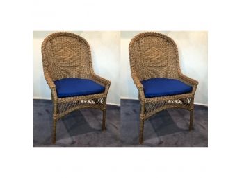 Pair Of Wicker Side Chairs With Blue Cushions