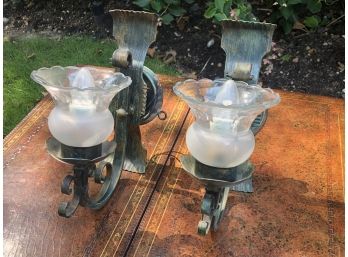 A Pair Of Vintage Green Patina Wall Sconces