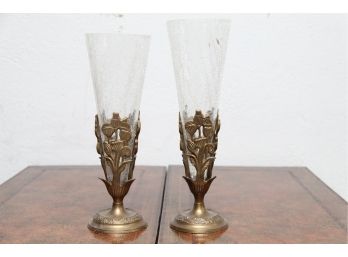 A Pair Of Crackle Glass Vases With Brass Bases