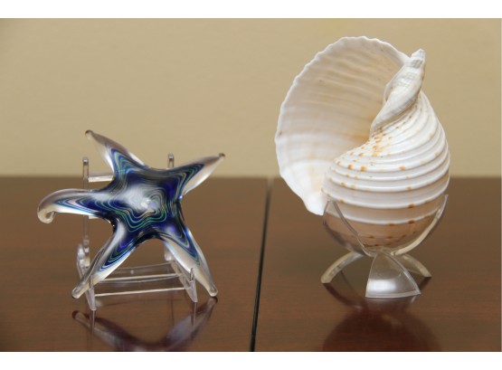 Pair Of Decorative Sea Life Pieces Including A Glass Starfish & Sea Shell