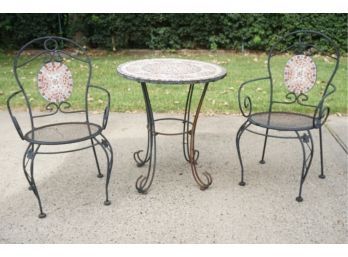 Wrought Outdoor Table With Mosaic Design & Set Of 2 Chairs