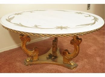 Round Top Marble Coffee Table With Floral Brass Accents