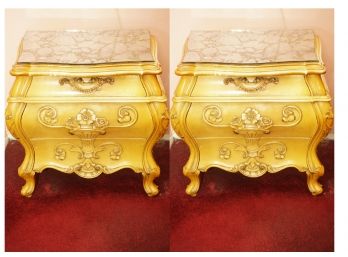 Pair Of Carved Floral Nightstands With Mirrored Top