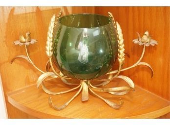 Green Glass Votive With Brass Accents