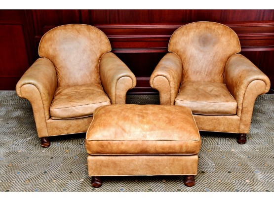 A Matching Pair Of Rose Tarlow Melrose House Caramel English Leather Club Chairs With Ottoman