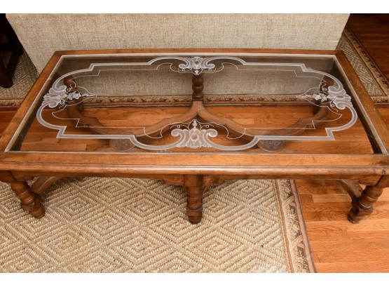 An Etched Glass Top Oak Coffee Table