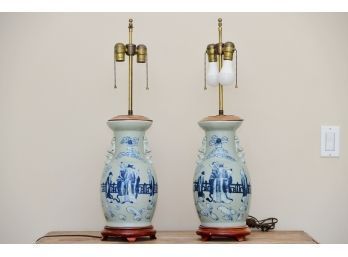 Pair Of Gorgeous Asian Vase Pull Chain Lamps On Wooden Bases